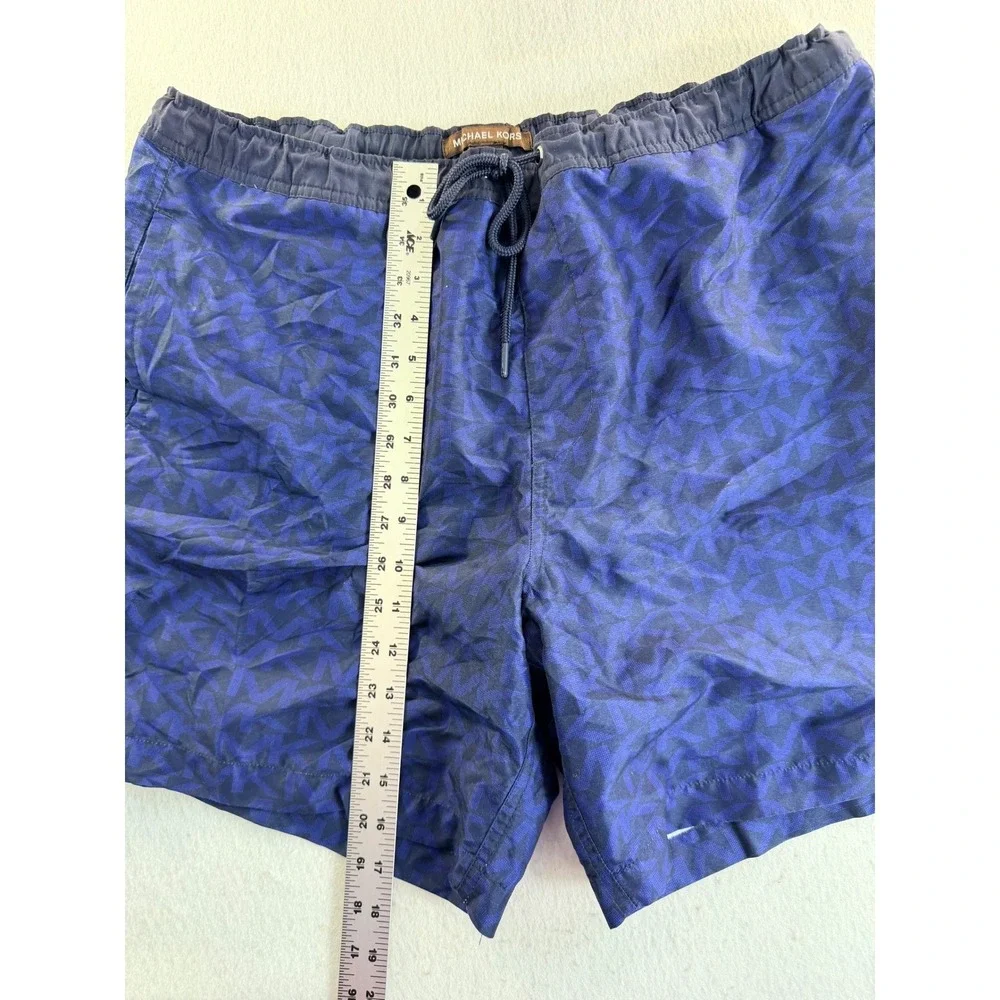 Michael Kors Mens Navy Blue Monogram Logo Swim Trunks Shorts Size L Drawstring